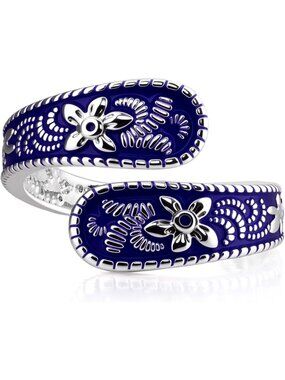Women's Silver & Blue Spoon Carving Design Stainless Steel Adjustable Ring